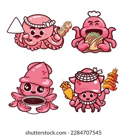 Colección de caricaturas calamares lindas aisladas en fondo blanco. Ilustración vectorial.