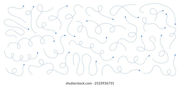 Coleção de setas de linha tracejada azuis rabiscadas. Linha tracejada desenhada à mão curvo vetor setas ícones