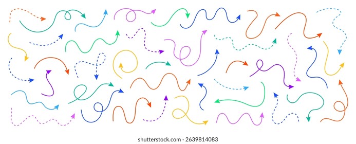 Collection of squiggle colorful line dashed arrows. Dash curved doodle vector editable stroke arrows