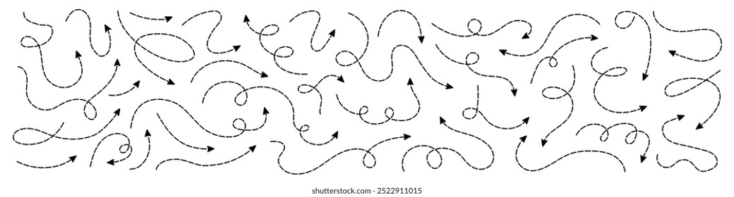 Coleção de setas de linha tracejada rabiscada. Setas de traçado editáveis de vetor curvo tracejado
