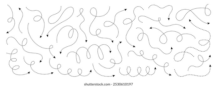 Coleção de setas de linha tracejada rabiscada. Ícones de setas vetoriais curvas traçadas à mão