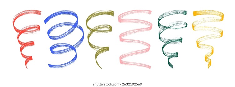 Coleção de linhas de rabiscar de rabiscar, fitas gráficas onduladas, espirais e redemoinhos. Linhas curvas vetoriais desenhadas com loops. Pinceladas coloridas em negrito, confetes funky. Espirais vetoriais desenhadas à mão.