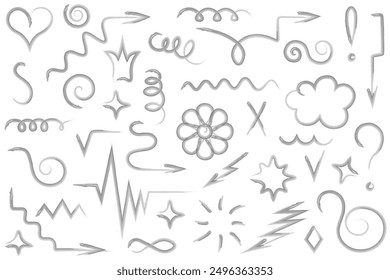 Una colección de garabatos. Boceto. Vector dibujado a mano, ilustraciones de acuarela. Conjunto de diferentes partes: flechas, garabatos, resortes, espirales, signos y símbolos. Esquema sobre fondo blanco aislado. 