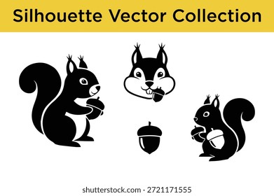 Sammlung von Eichhörnchen-Silhouetten mit Eicheln einzeln auf weißem Hintergrund, Vektor