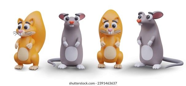 Collection with squirrels and small rats in different positions. Small animals for online computer games. Concept of rodents. Vector illustration in 3D style with white background