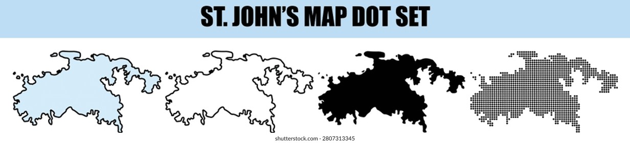 Collection of St. John's, Newfoundland map variations in dot style, including solid fill, outline, and halftone vector formats for cartography.