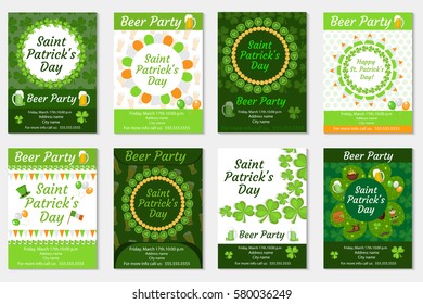 Collection of St. Patrick s Day invitation, poster, flyer. Beer Party set a template for your design with clover, shamrock. Vector illustration