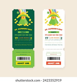 Collection of St. Patrick's Day celebration party ticket template. Invitation backgrounds decorated with a rainbow light falls into a green leprechaun hat full of coins. Vector 10 EPS.
