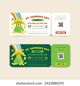 Collection of St. Patrick's Day celebration party ticket template. Invitation backgrounds decorated with a rainbow light falls into a green leprechaun hat full of coins. Vector 10 EPS.
