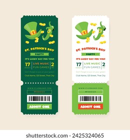 Collection of St. Patrick's Day celebration party ticket template. Invitation backgrounds decorated with a green leprechaun hat, shoe and coins. Vector 10 EPS.