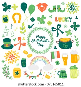 Collection of St. Patrick's Day design elements. Rainbow, balloon, beard, leprechaun hat, bow, calendar, notes, coins, branch, beer, horseshoe, treasure, Irish flag, garland, shoes, firework, clover 