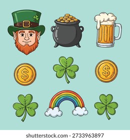 A collection of St. Patrick's Day elements including a leprechaun, pot of gold, beer, shamrocks, coins, and a rainbow.