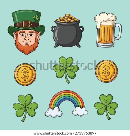 A collection of St. Patrick's Day elements including a leprechaun, pot of gold, beer, shamrocks, coins, and a rainbow.
