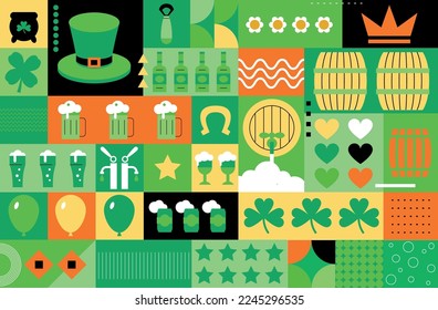 Collection of St. Patrick's Day holiday symbols. Set of Irish elements. Shamrock, green clover, pot of gold, beer mug, hat vector illustration