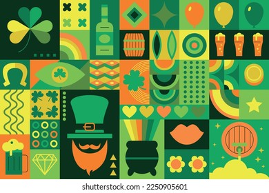 Collection of St. Patrick's Day holiday symbols. Set of Irish elements. Shamrock, green clover, pot of gold, beer mug, hat vector illustration