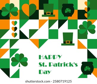 Collection of St. Patrick's Day holiday symbols. Set of Irish elements. Shamrock, green clover, pot of gold, hat vector illustration. Frame background for sale