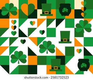 Collection of St. Patrick's Day holiday symbols. Set of Irish elements. Shamrock, green clover, pot of gold, hat vector illustration. Frame background for sale