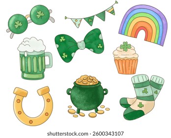 A collection of St. Patrick's Day items – gold coins, horseshoes, clovers