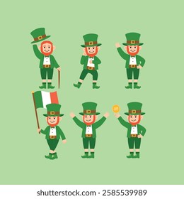 Collection St. Patrick's Day Leprechaun Cartoon Character Funny Dance, Hello, Holding Ireland Flag, Raising Hand, Holding Coin, Touching Green Hat illustration