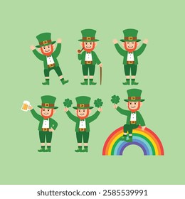 Collection St. Patrick's Day Leprechaun Cartoon Character Funny Dance, Holding Smoking Pipe and Walking Stick, Raising Had, Holding Beer Mug, Hold Four Clover Leaf and Sitting on Rainbow illustration