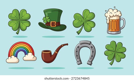 Eine Sammlung von St. Patrick's Day thematischen Elementen, darunter Shamrocks, ein Koboldhut, ein Regenbogen, eine Pfeife, ein Hufeisen und ein Becher Bier.