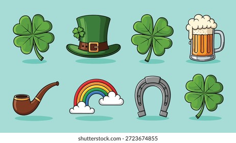 Uma coleção de ícones temáticos do Dia de São Patrício, incluindo trevos, um chapéu de leprechaun, uma caneca de cerveja, um cachimbo para fumar, um arco-íris e uma ferradura.