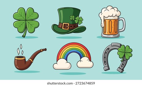 Eine Sammlung von St. Patrick's Day-Themensymbolen, darunter ein vierblättriges Kleeblatt, Koboldhut, Bier, Pfeife, Regenbogen und Hufeisen.