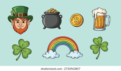 Eine Sammlung von St. Patrick's Day thematischen Elementen, darunter ein Kobold, Topf aus Gold, Shamrocks, Regenbogen, Münze und Bierbecher.