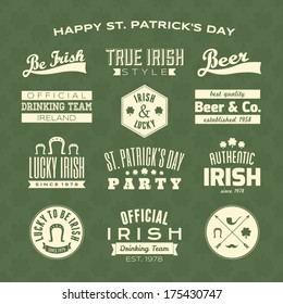 A collection of St. Patrick's Day typographic design elements against a green clover seamless background.