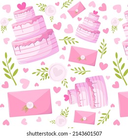 Collection St. Valentine s Day. Hand-drawn hearts and sweets, envelope, cake. Vector isolates on white background. Wedding