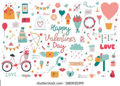 Collection of St. Valentine's Day design elements isolated on white background. Heart, bow, balloon, letter, lollipop, bouquet, love, candles, diamonds. Valentines vector set in flat cartoon style.
