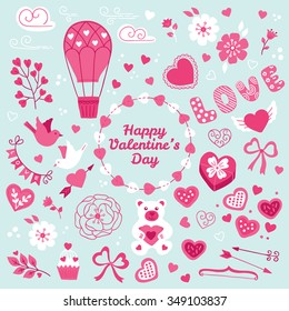 Collection of St. Valentine's Day design elements. Hearts, clouds, air balloon, bird, love, branch, flower, garland, gift, bow, teddy, cupcake, wreath, arrows, cookies, ribbon and tulip. 