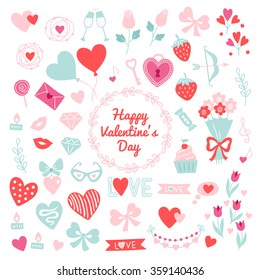 Collection of St. Valentine's Day design elements. Heart, wreath, champagne, rose, bow, ribbon, balloon, letter, lollipop, strawberry, arrow, branch, bouquet, garland, love, candles, glasses, diamonds