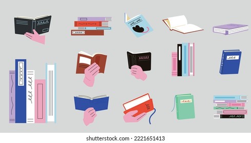 A collection of stacked books, flowers on a bookshelf, and hands holding books open. flat vector illustration.