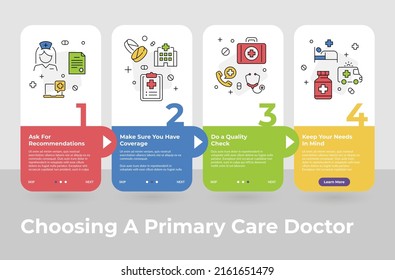 Collection stage choosing primary care doctor line art landing page user interface vector illustration. Set healthcare patient help gui application. Medical steps website menu template