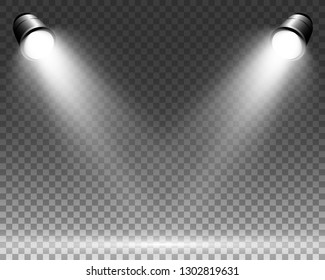 Collection of stage lighting, catwalk or platform, transparent effects. Bright lighting with spotlights. Light effect. Projector.
