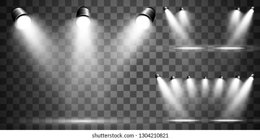 Collection of stage lighting, catwalk or platform, transparent effects. Bright lighting with spotlights. Light effect. Projector.