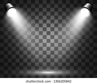 Collection of stage lighting, catwalk or platform, transparent effects. Bright lighting with spotlights. Light effect. Projector. 