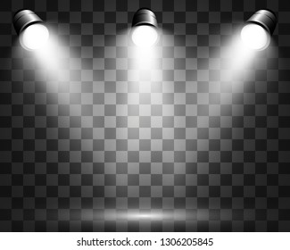 Collection of stage lighting, catwalk or platform, transparent effects. Bright lighting with spotlights. Light effect. Projector. 