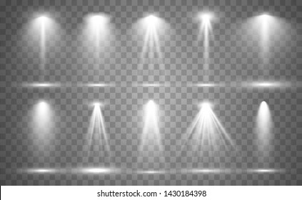 Collection of stage lighting, catwalk or platform, transparent effects. Bright lighting with spotlights. Light effect. Projector.