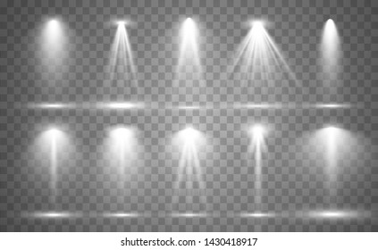 Collection of stage lighting, catwalk or platform, transparent effects. Bright lighting with spotlights. Light effect. Projector.