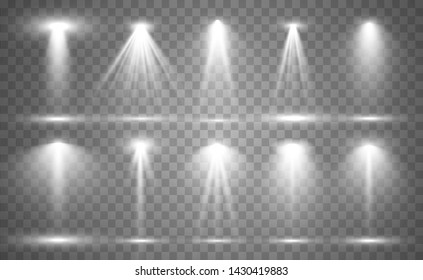 Collection of stage lighting, catwalk or platform, transparent effects. Bright lighting with spotlights. Light effect. Projector.