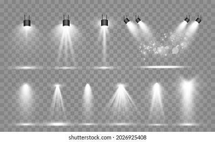 Colección de iluminación de escenario, pasarela o plataforma, efectos transparentes. Luces luminosas con focos. Efecto ligero. Proyector.