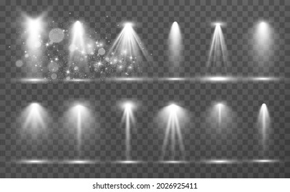 Collection of stage lighting, catwalk or platform, transparent effects. Bright lighting with spotlights. Light effect. Projector.