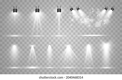 Collection of stage lighting, catwalk or platform, transparent effects. Bright lighting with spotlights. Light effect. Projector.	