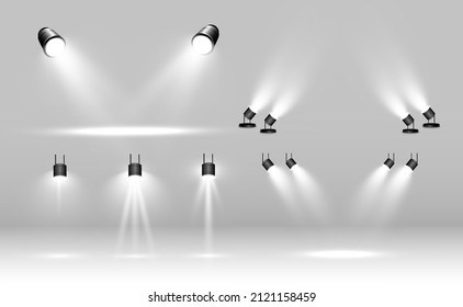Collection of stage lighting, catwalk or platform, transparent effects. Bright lighting with spotlights. Light effect. Projector.