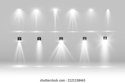 Collection of stage lighting, catwalk or platform, transparent effects. Bright lighting with spotlights. Light effect. Projector.