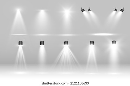 Collection of stage lighting, catwalk or platform, transparent effects. Bright lighting with spotlights. Light effect. Projector. - Shutterstock ID 2121158633