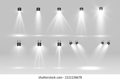 Collection of stage lighting, catwalk or platform, transparent effects. Bright lighting with spotlights. Light effect. Projector.