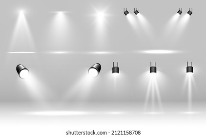 Collection of stage lighting, catwalk or platform, transparent effects. Bright lighting with spotlights. Light effect. Projector.